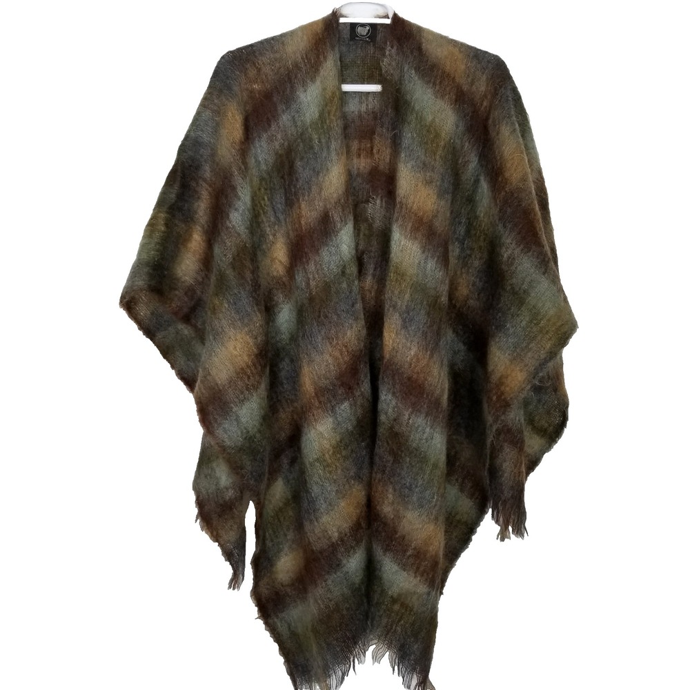 Jeanne Delahaye Women Mohair Wool Cardigan Poncho One Size Brown Plaid